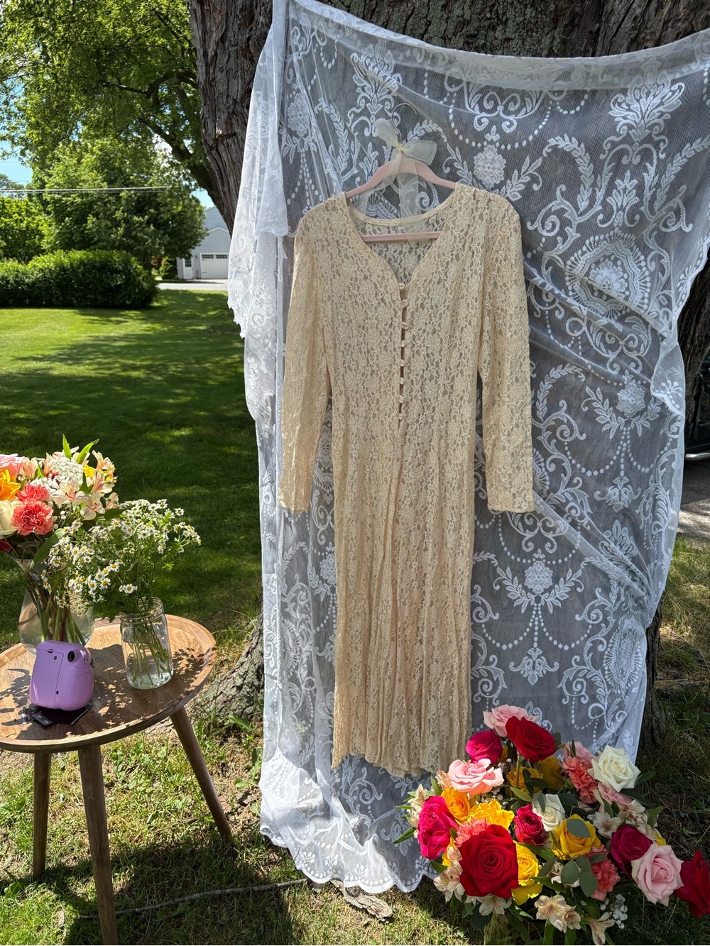 Lace Button-Front Cream Women's Dress